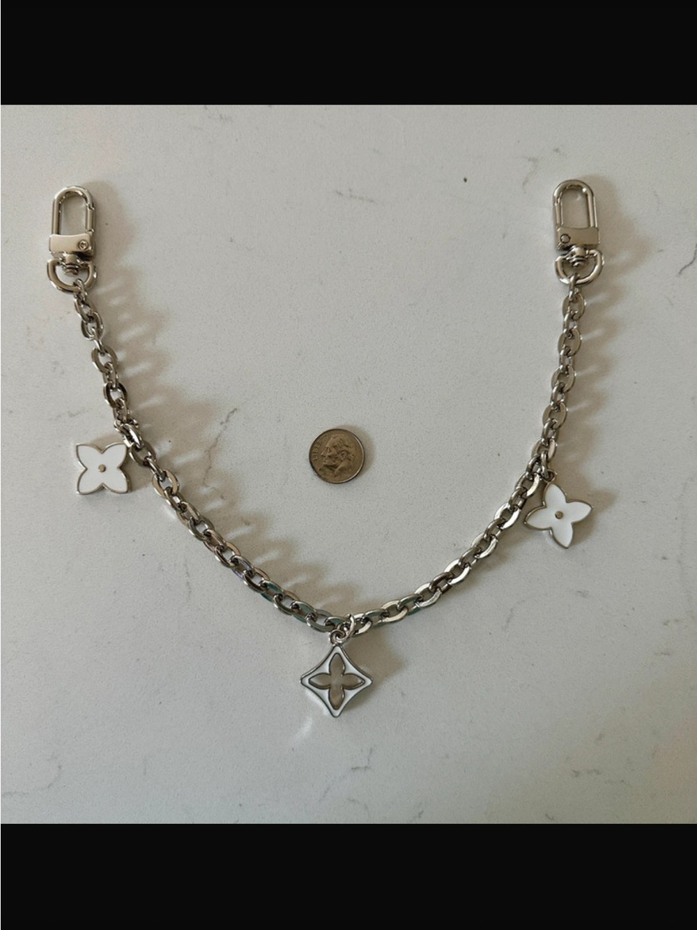 Silver Chain Bag Charm with White Flower Accents
